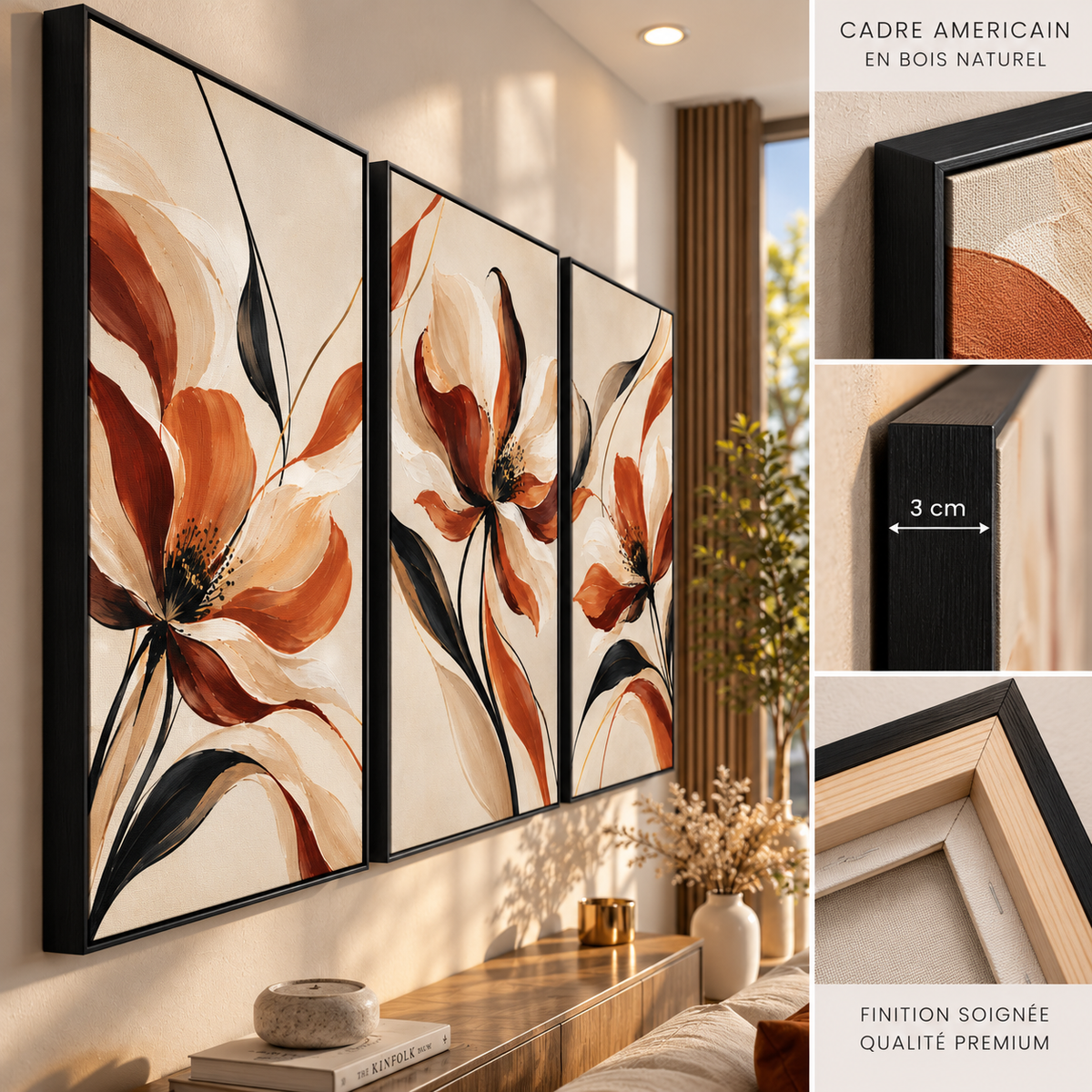 Tableau Triptyque Fleurs Terracotta