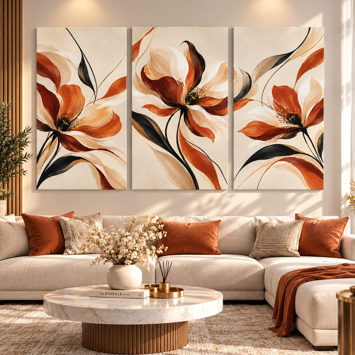 Tableau Triptyque Fleurs Terracotta