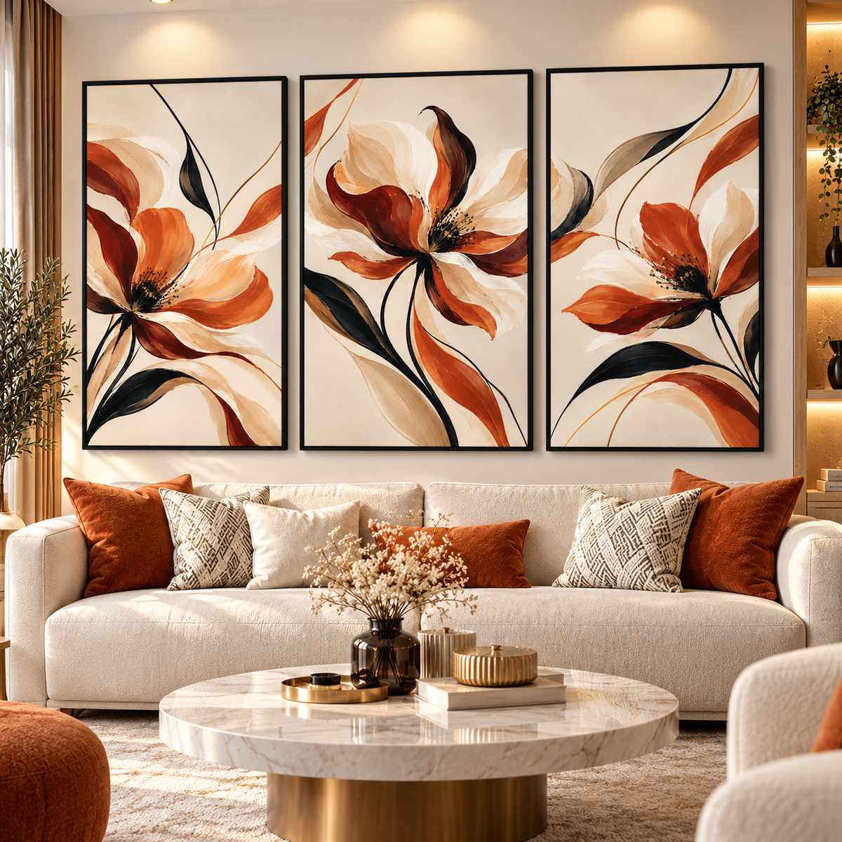 Tableau Triptyque Fleurs Terracotta