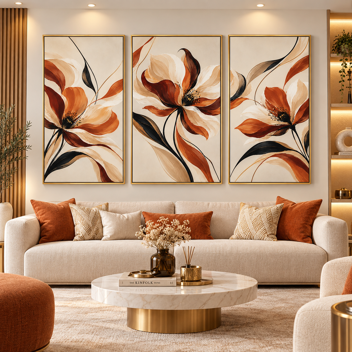 Tableau Triptyque Fleurs Terracotta