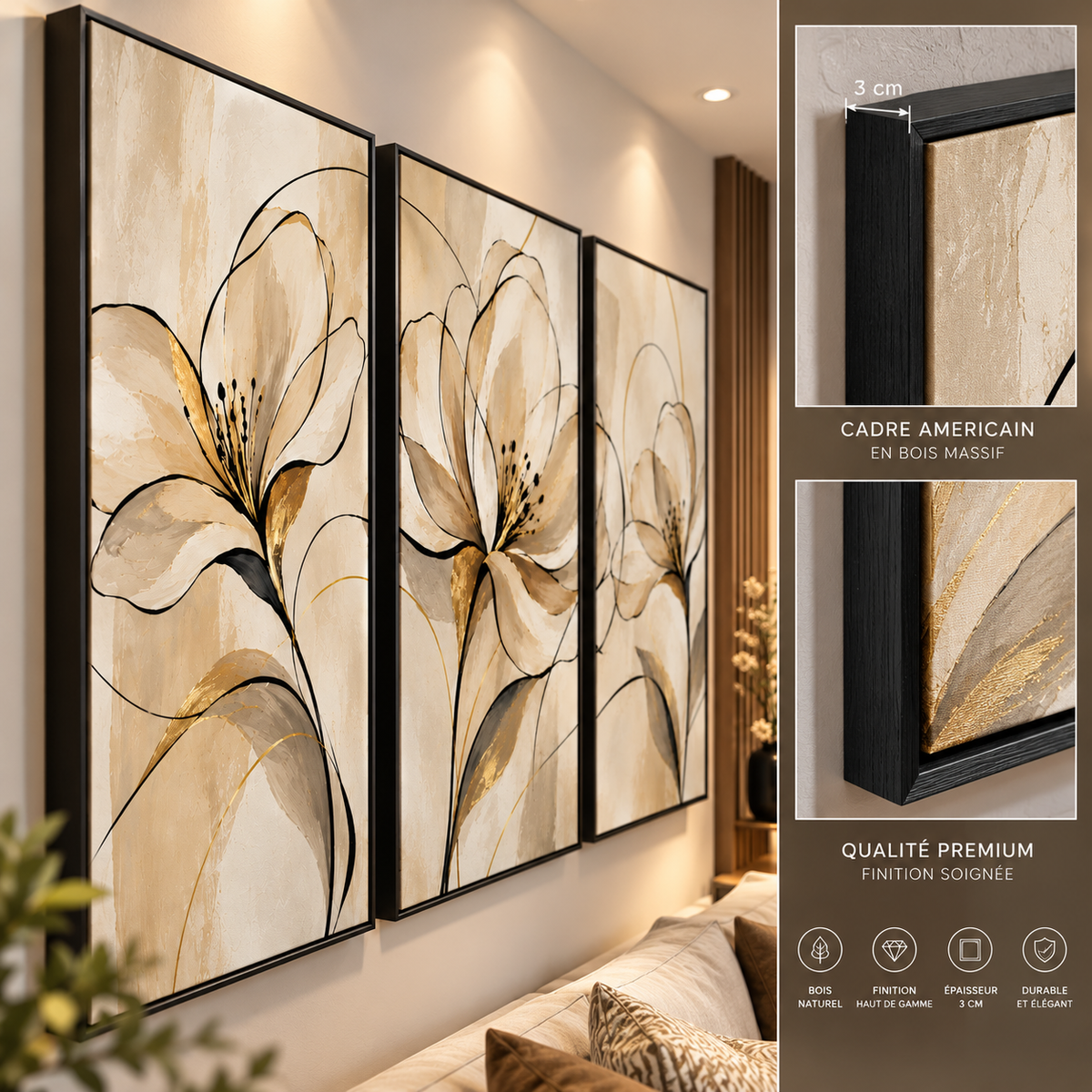 Tableau Triptyque Fleurs Élégantes