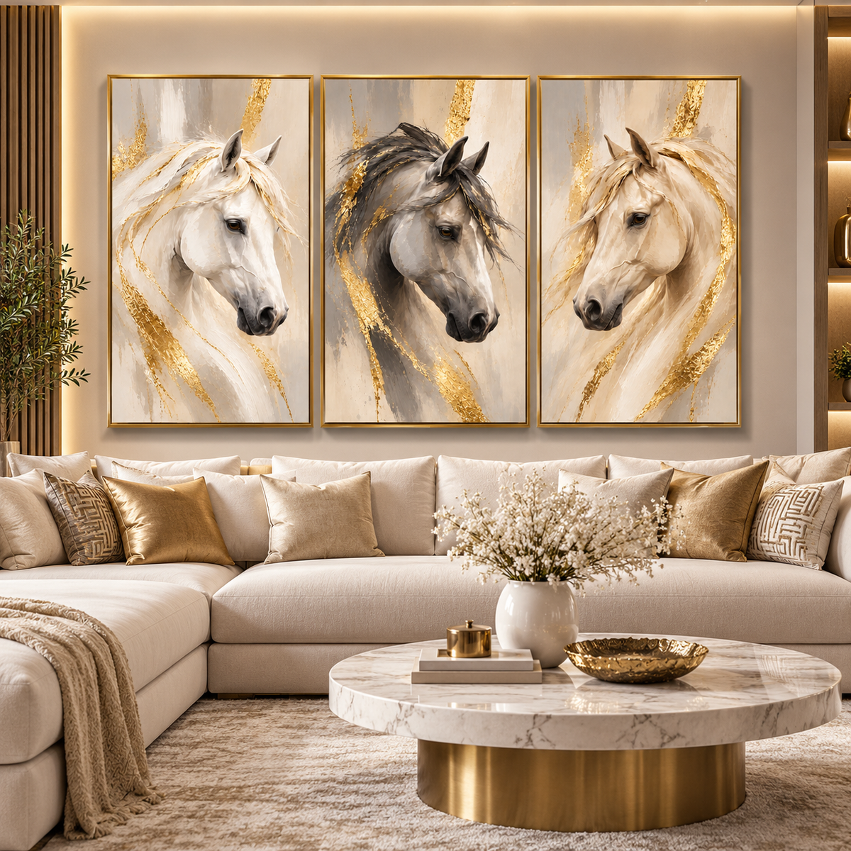 Tableau Triptyque Chevaux Majestueux