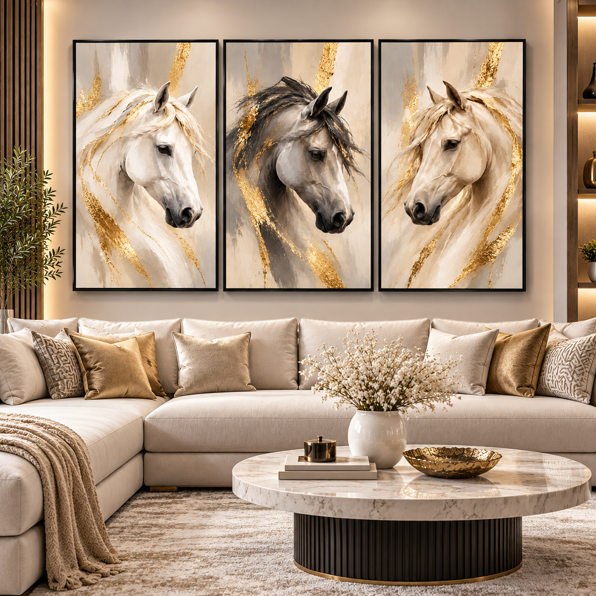 Tableau Triptyque Chevaux Majestueux