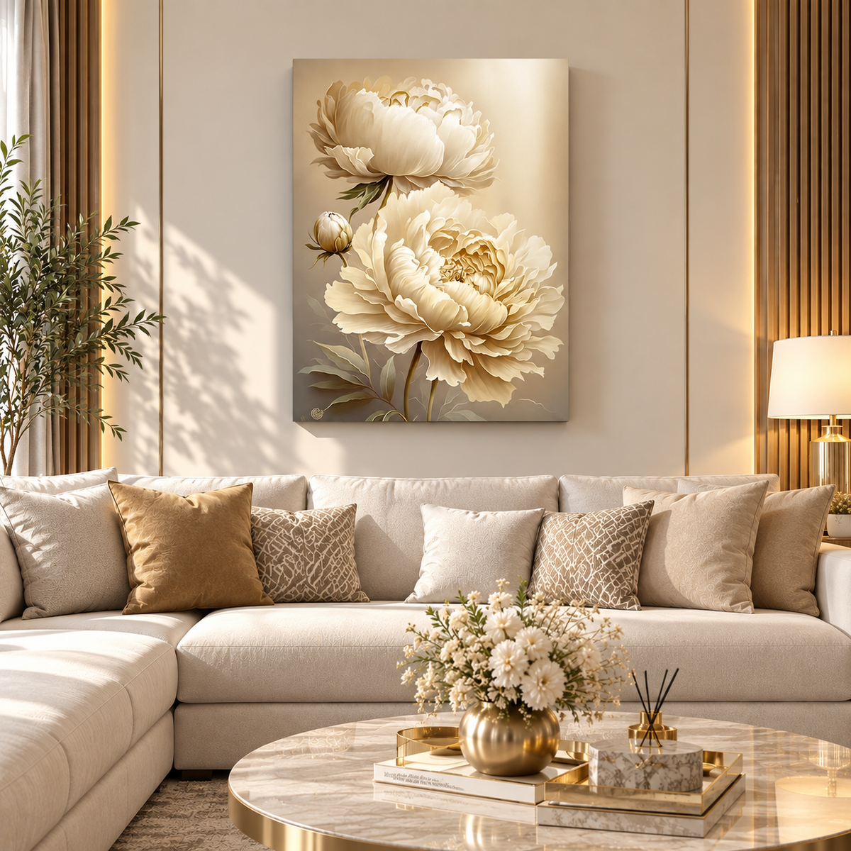 Tableau Pivoines Ivoire Élégantes