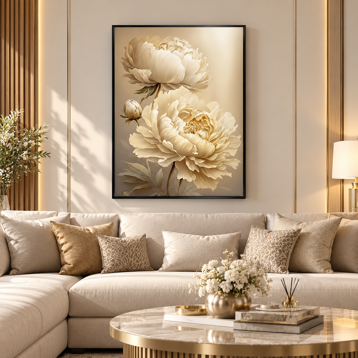 Tableau Pivoines Ivoire Élégantes