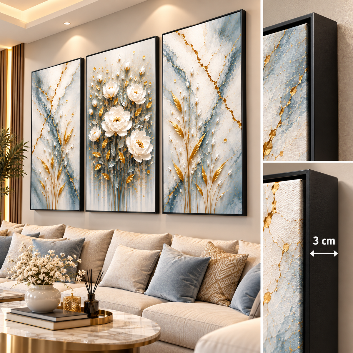 Tableau Fleurs Bleu Doré