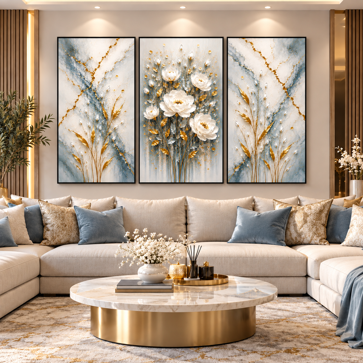 Tableau Fleurs Bleu Doré