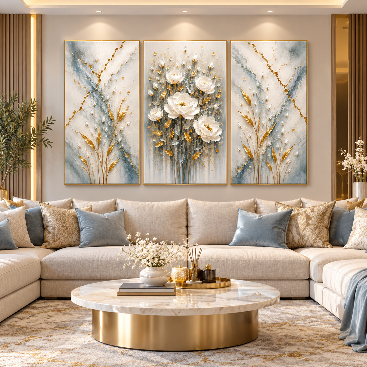 Tableau Fleurs Bleu Doré