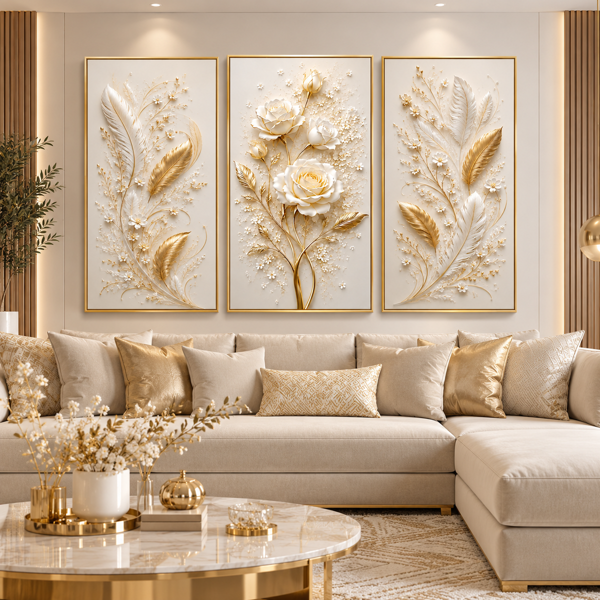 Tableau Roses Plumes Dorées