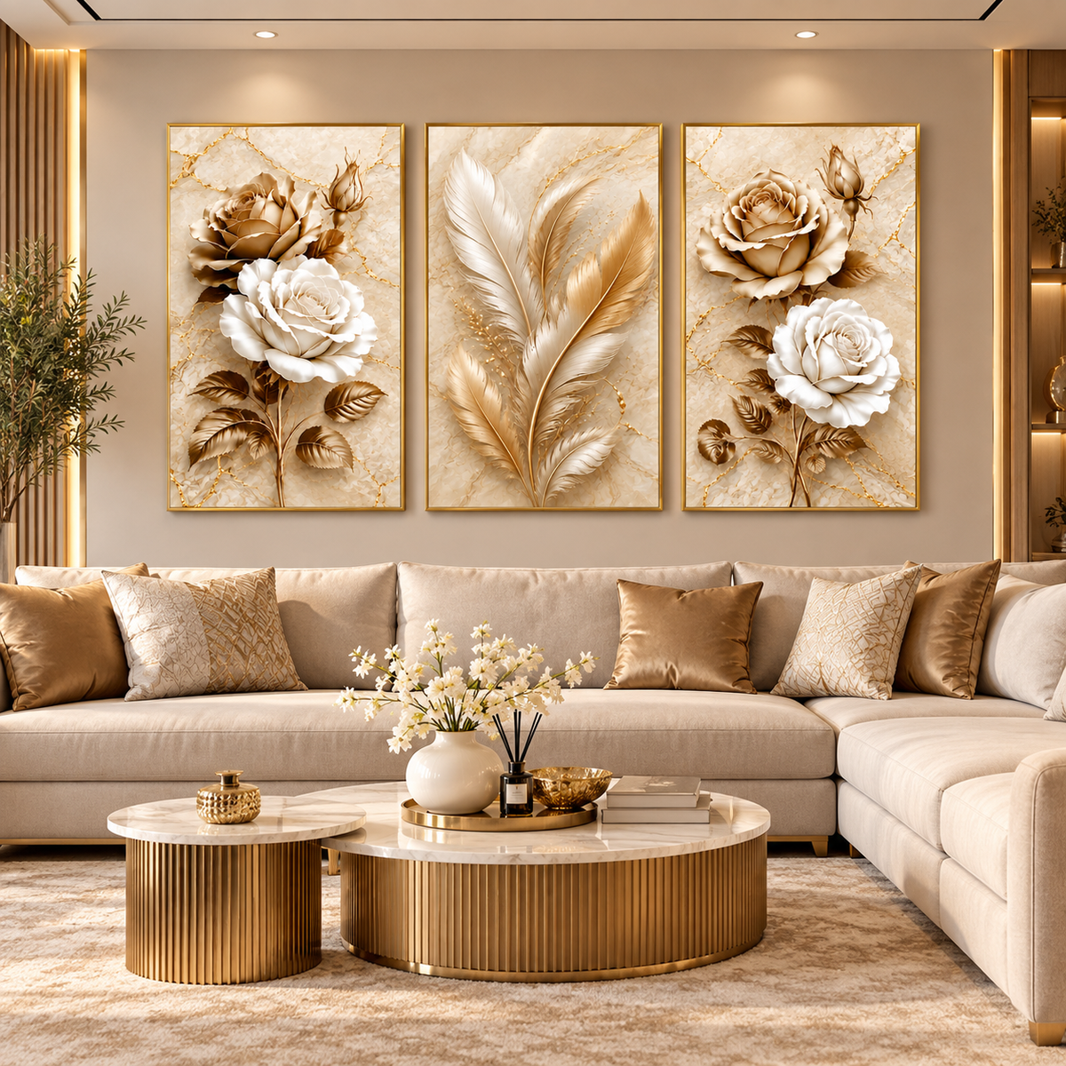 Tableau Roses Plumes Dorées