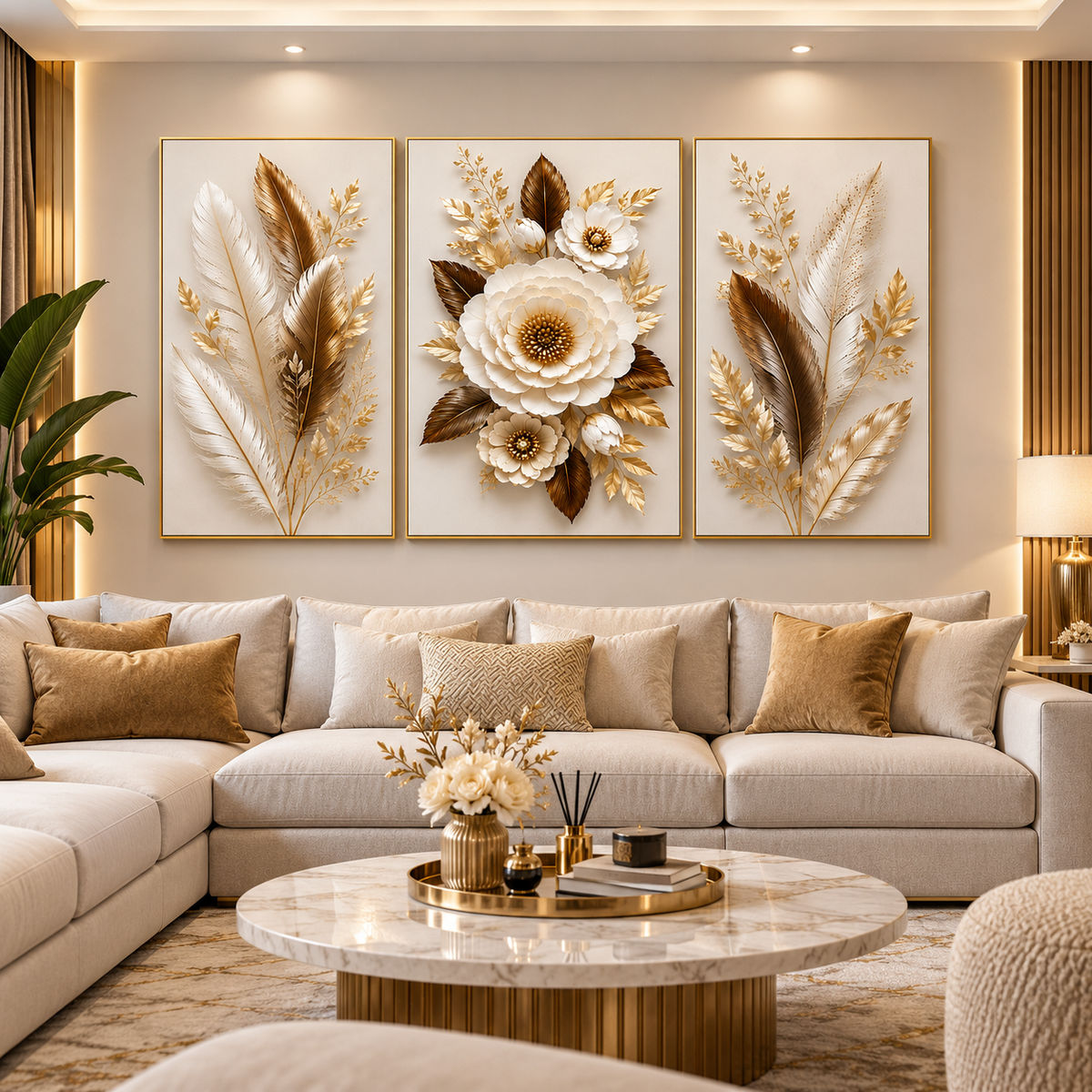 Tableau Fleurs Plumes Dorées