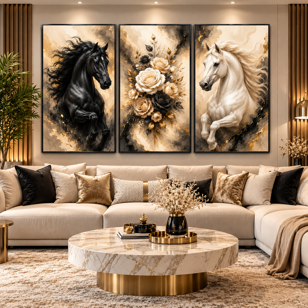 Tableau Chevaux Fleurs Dorées