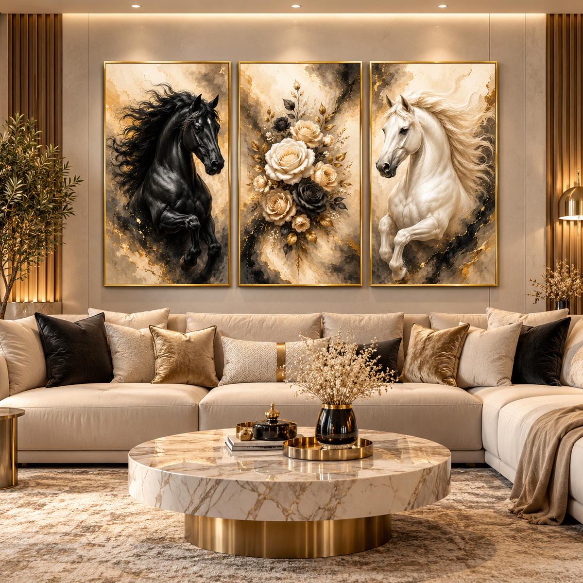 Tableau Chevaux Fleurs Dorées