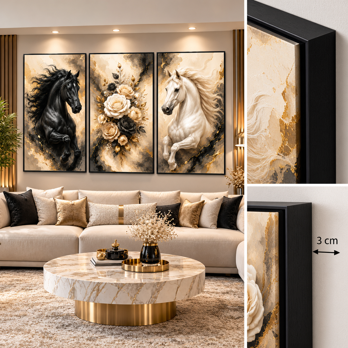 Tableau Chevaux Fleurs Dorées