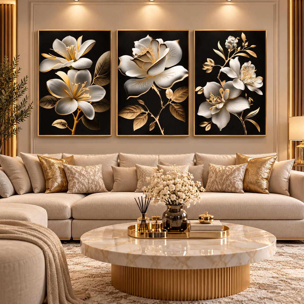 Tableau Fleurs Blanc Or