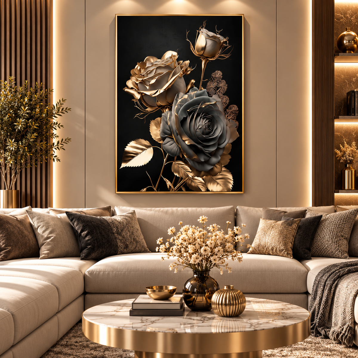 Tableau Roses Noir Doré