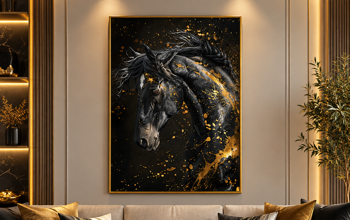 Tableau Cheval Noir Doré
