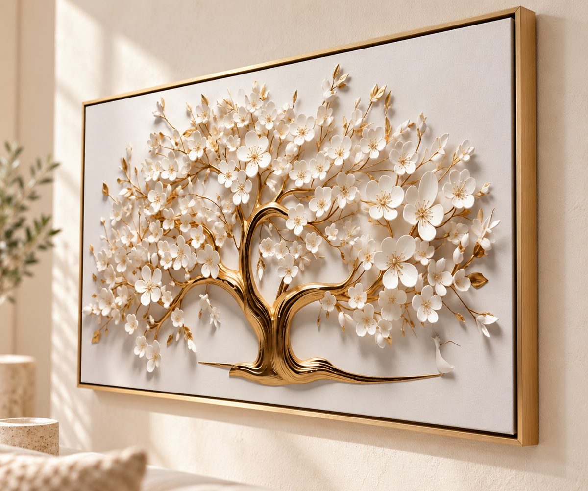 Triptyque floral ivoire dans un salon marocain