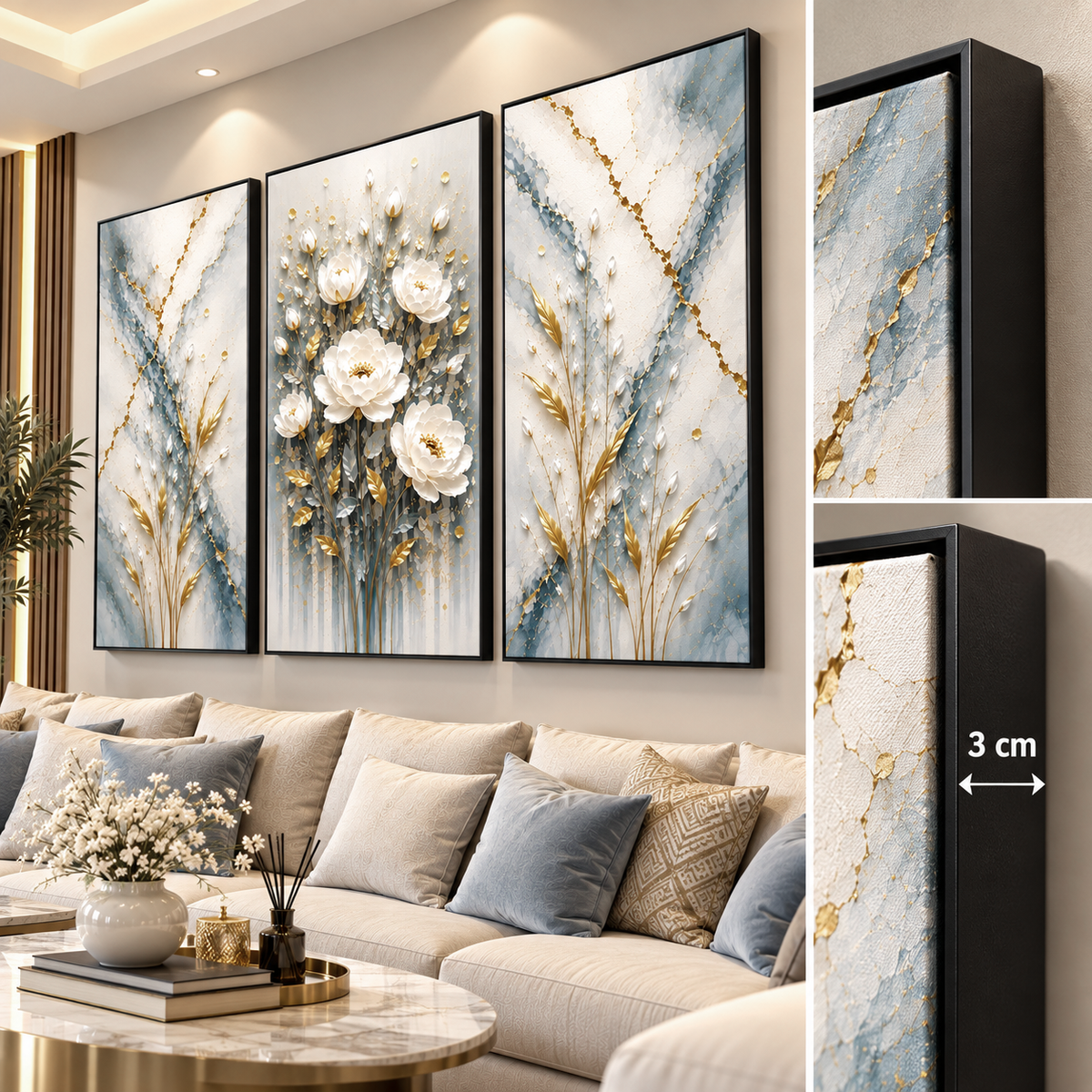 Tableau Fleurs Bleu Doré