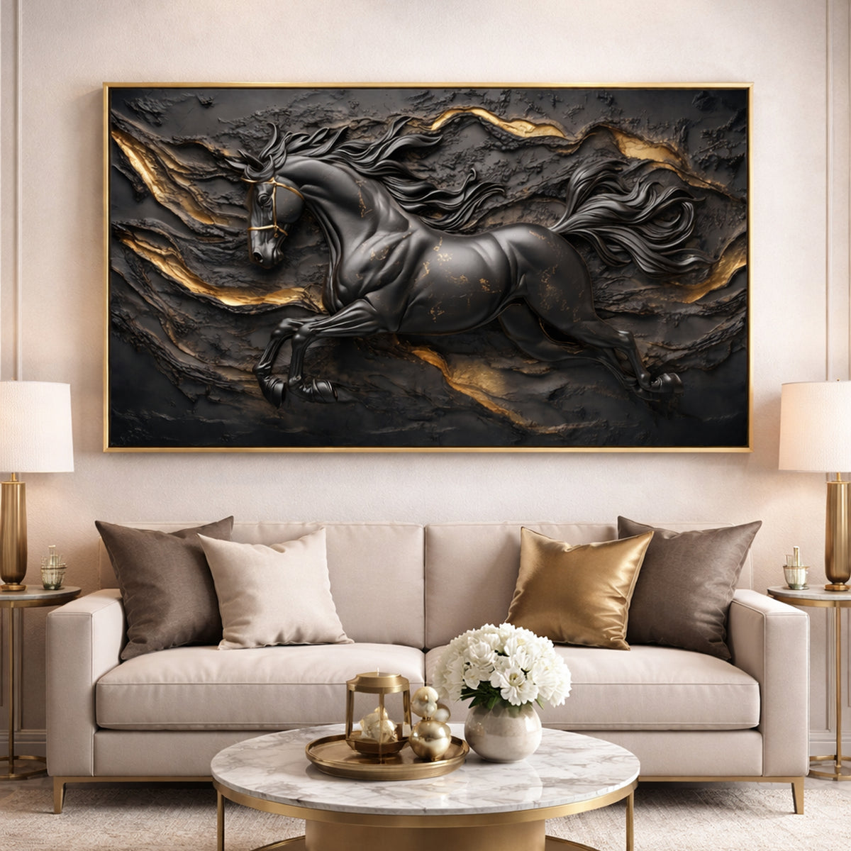 Tableau Cheval Noir Doré