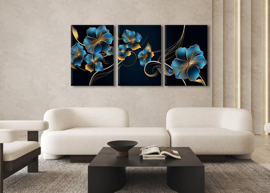Tableau décoratif florale - Blue and black golden leaves - Tableaux triptyque "Sérénade"