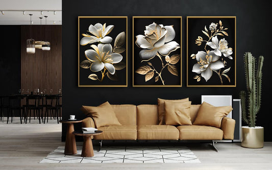 Tableau décoratif florale - Magnolia, Roses - Tableaux triptyque - Cadre américain "Botanique"